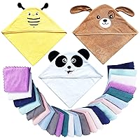 3 Pack Baby Hooded Bath Towel with 24 Count Washcloth Sets for Newborns Infants & Toddlers, Boys & Girls - Baby Registry Search Essentials Item - Dog, Panda, Bee