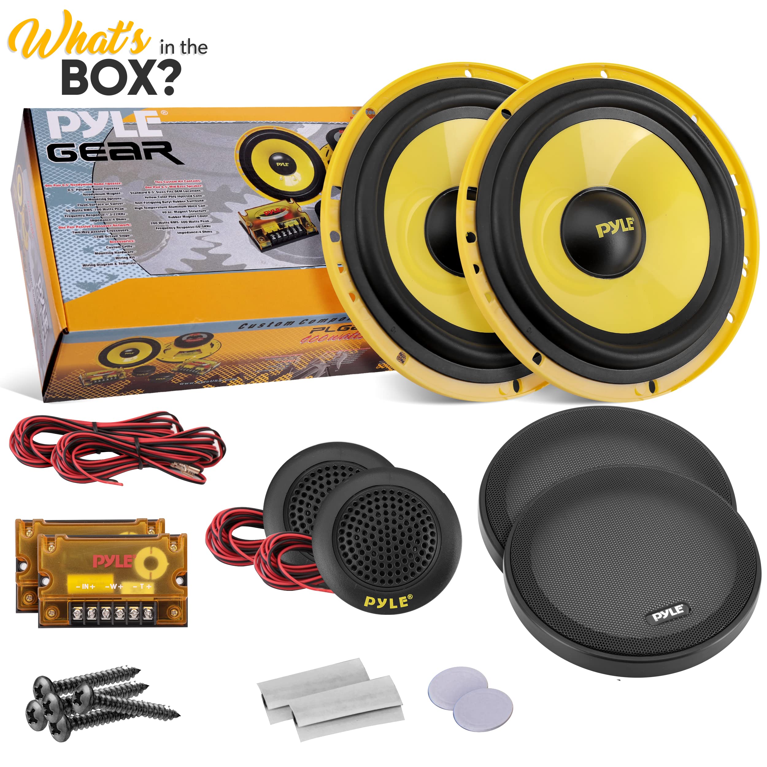 2Way Custom Component Speaker System - 6.5” 400 Watt Component with Electroplated Plastic Basket, Butyl Rubber Surround & 40Oz Magnet Structure - Wire Installation Hardware Set Included - Pyle PLG6C,Yellow