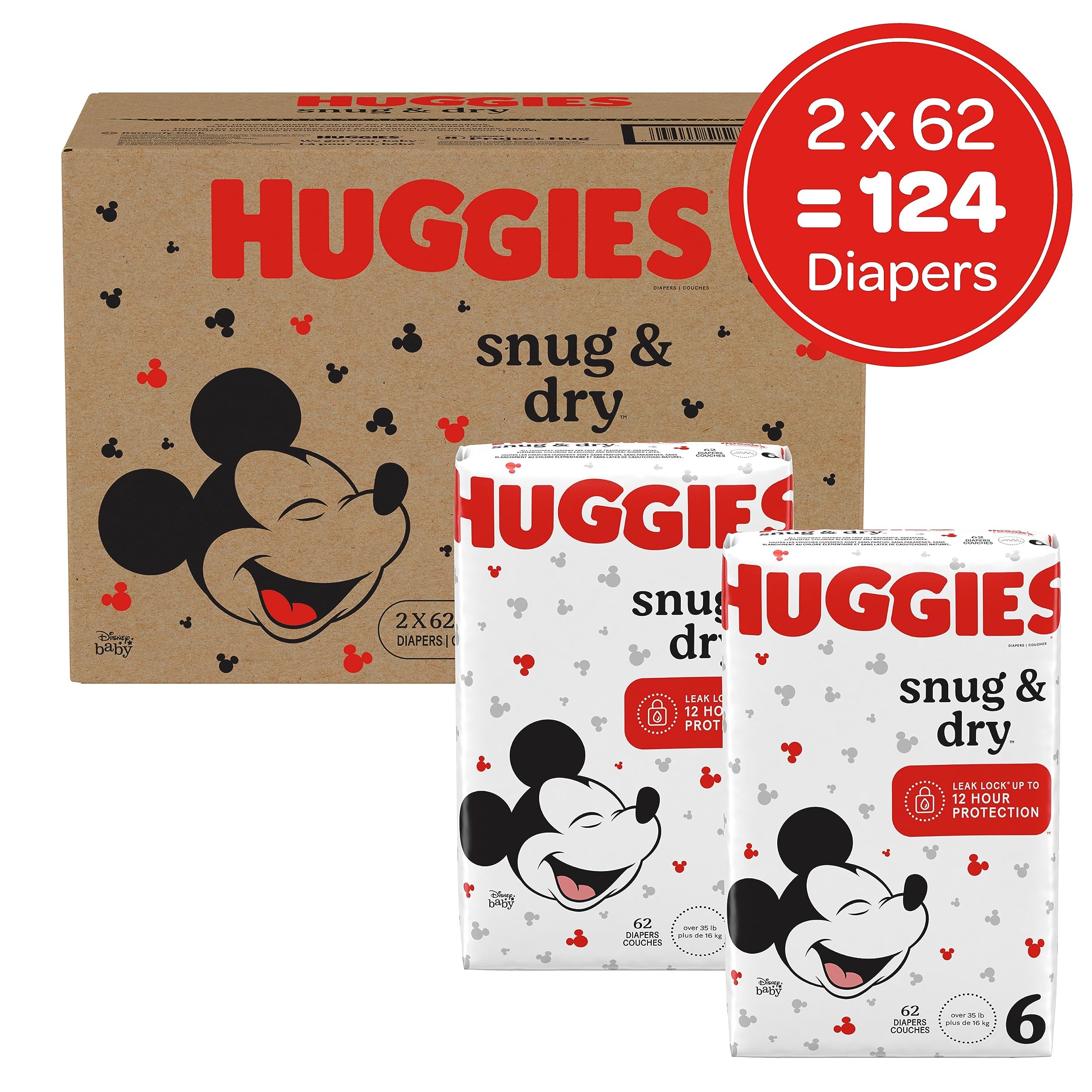 Huggies Snug & Dry Baby Diapers, Size 6 (35+ lbs), 124 Ct