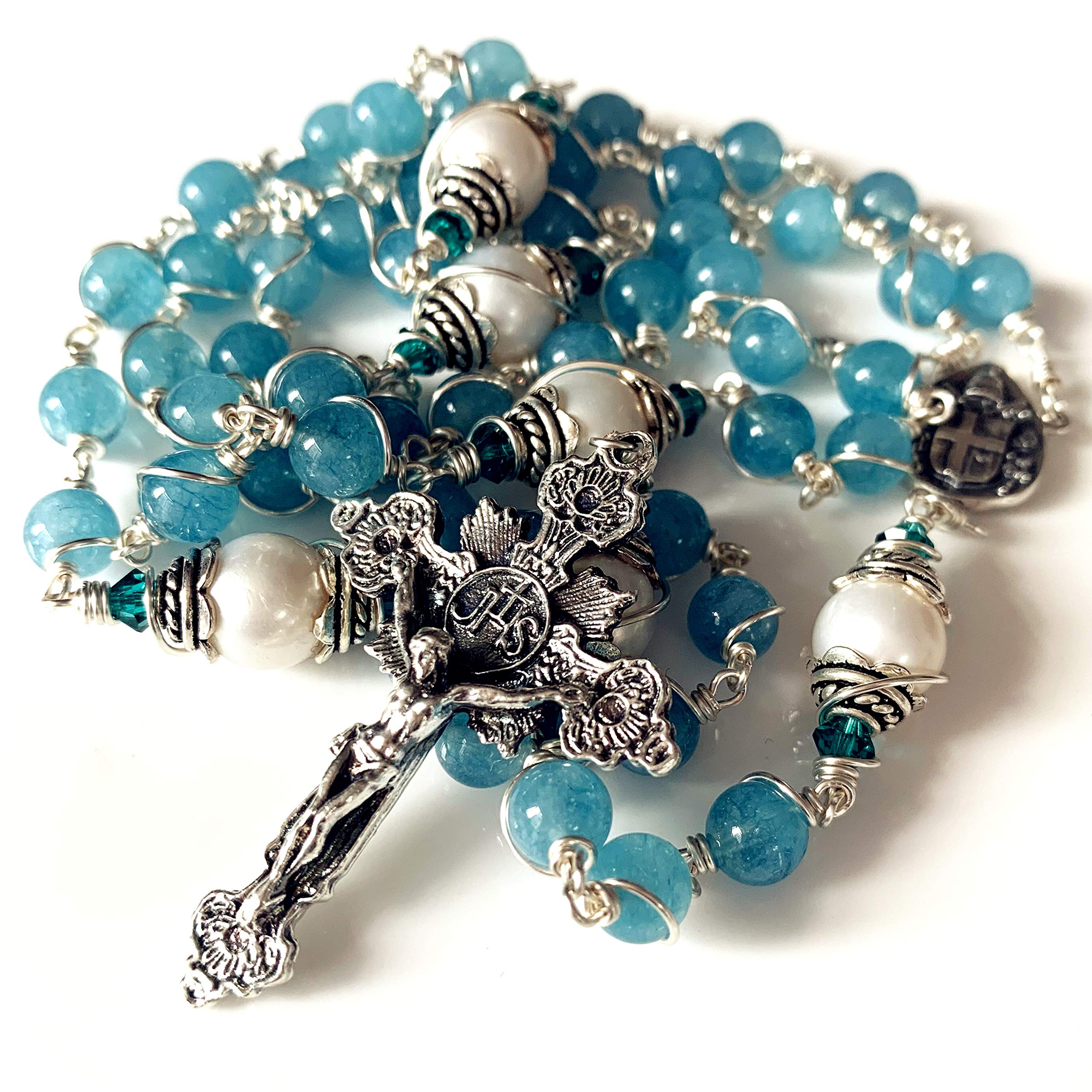 elegantmedical HANDMADE Sterling Silver Wire Wraped Aquamarine & AAA10MM Real Pearl BEADS 5 DECADE ROSARY Cross crucifix necklace