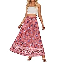 ZESICA Women's 2024 Bohemian Floral Printed Elastic Waist A Line Maxi Skirt with Pockets