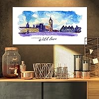 London Purple Illustration-Cityscape Painting Canvas Print-32x16, 32x16
