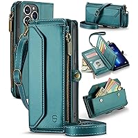 Crossbody for iPhone 13 Pro Max Phone Case Wallet【RFID Blocking】with 10-Card Holder Zipper Bills Slot, Soft PU Leather Magnetic Wrist Strap for iPhone 13 Pro Max Wallet Case for Women,BGreen