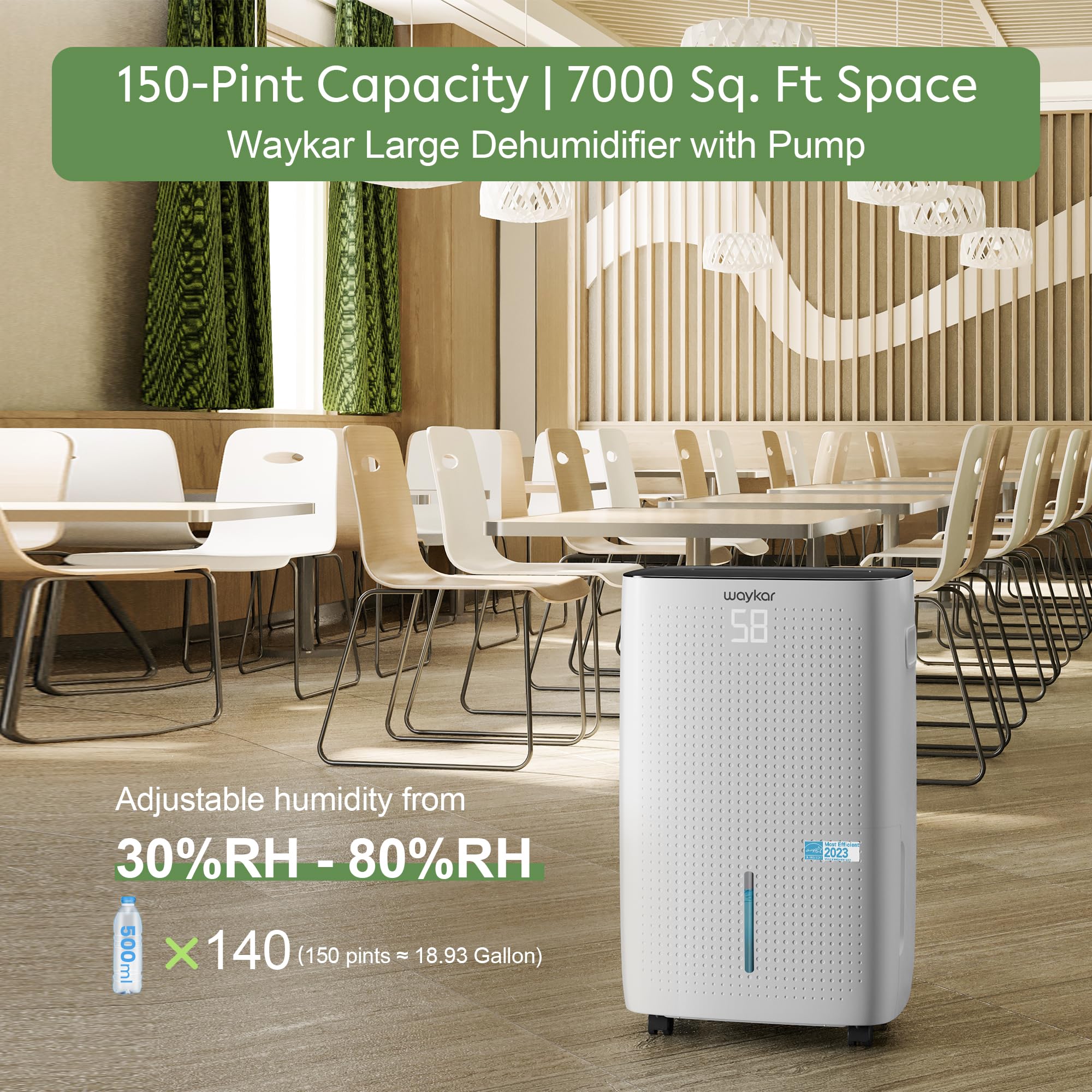 Waykar 150 Pints 7,000 Sq. Ft Energy Star Dehumidifier with Pump for Commercial and Industrial Large Room, Warehouse, Storage, Home, Basement with 1.85 Gal Water Tank and Drain Hose