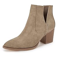 Kathemoi Womens Slip on Ankle Boots V Cutout Pointed Toe Chunky Stacked Mid Heel Booties