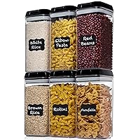 Airtight Food Storage Container (Set of 6) - BONUS Measuring Cup - Durable Plastic - BPA Free - Clear with Improved Lids (Black) - Air Tight Snacks Pantry & Kitchen Canisters