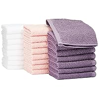 Amazon Basics Fast Drying, Extra Absorbent, Terry Cotton Washcloth, Pack of 24, Petal Pink, Lavender, White, 12