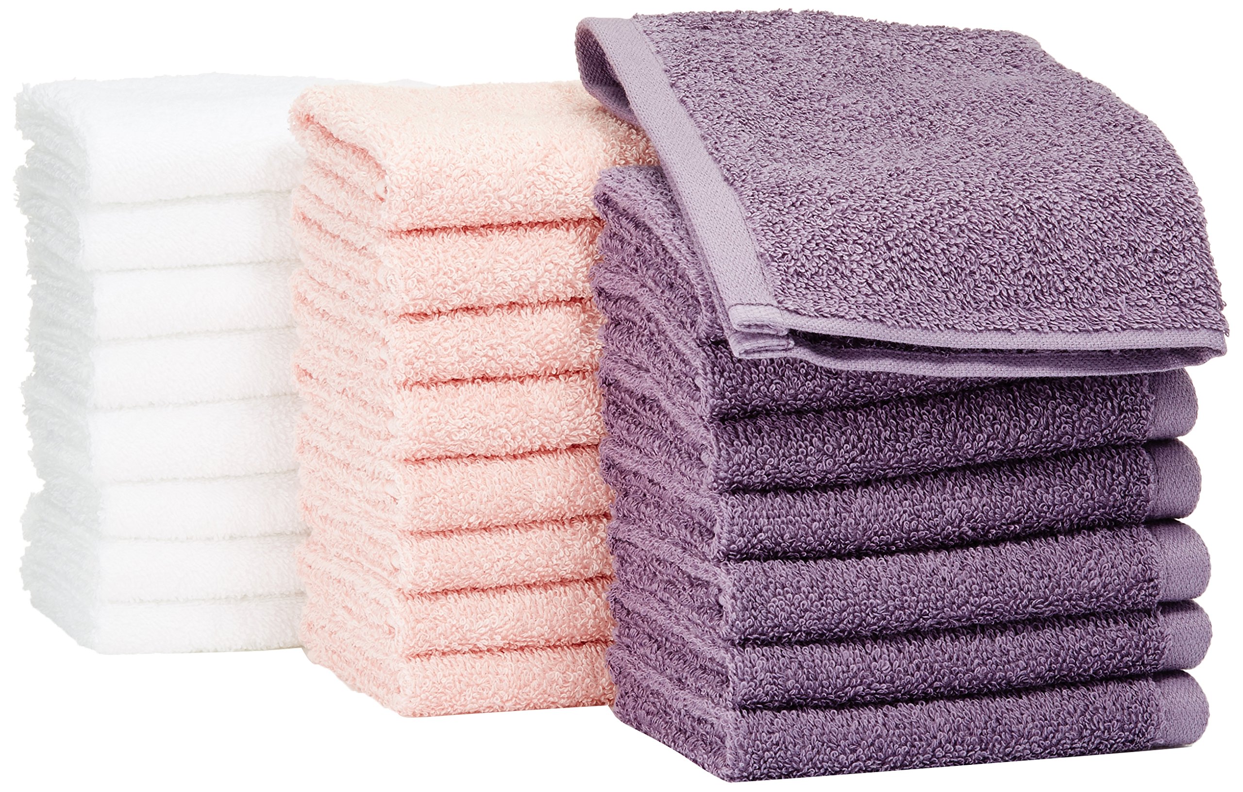 Amazon Basics Fast Drying, Extra Absorbent, Terry Cotton Washcloths - Pack of 24, Petal Pink/Lavender/White, 12 x 12-Inch