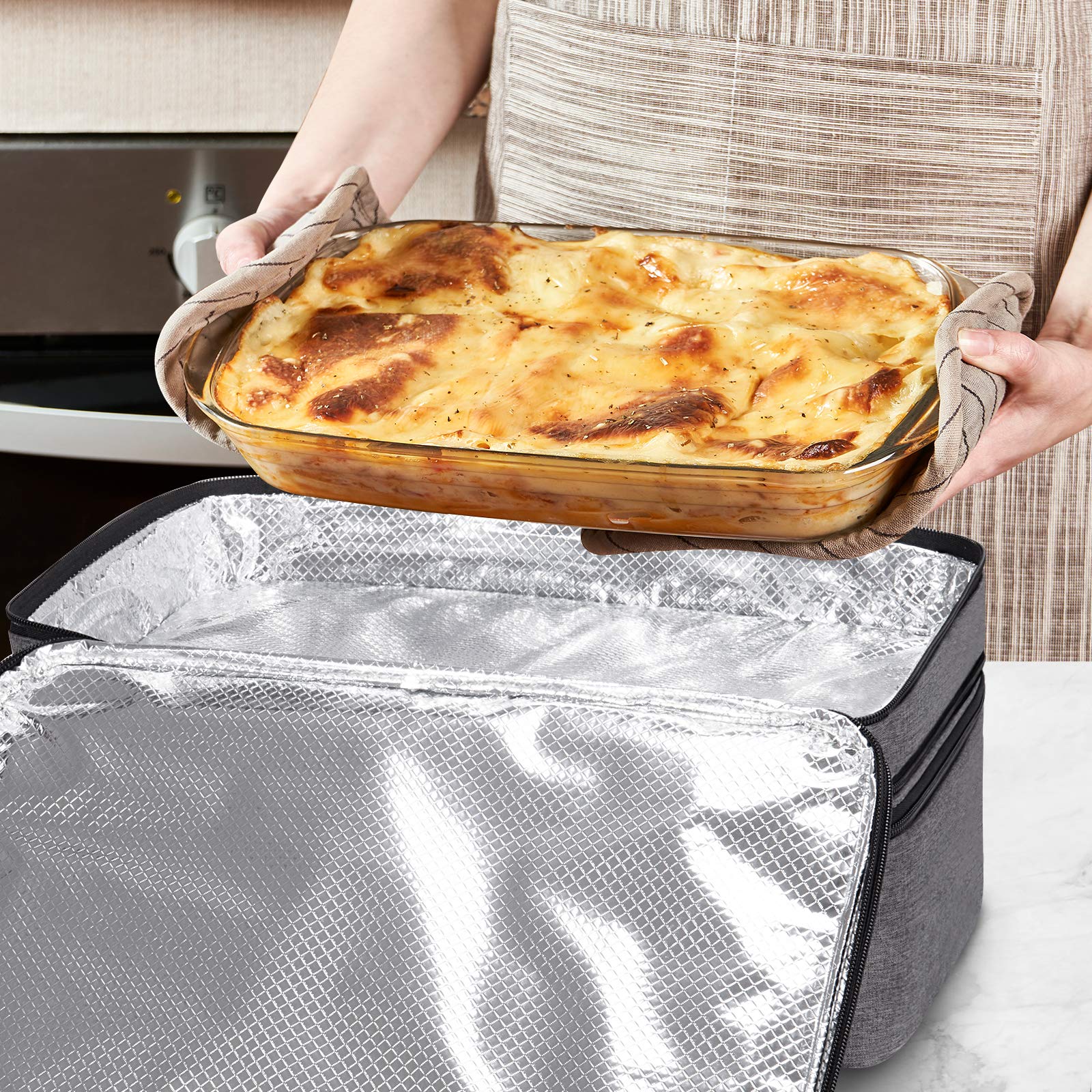 LHZK Double Decker Insulated Casserole Carrier for Hot or Cold Food, Expandable Hot Food Carrier, Lasagna Holder Tote for Potluck Parties, Picnic, Beach, Fits 11 x 15 or 9 x 13 Baking Dish (Grey)