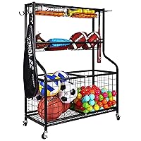 Signature Fitness Garage Sports Equipment Organizer, Garage Ball Storage, Sports Gear Storage, Garage Organizer with Baskets and Hooks, Rolling Sports Ball Storage Cart, Black, Steel, Multiple Styles