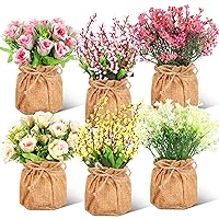 6 Pcs Artificial Potted Flowers Plastic Faux Flowers in Small Burlap Bag Vases Fake Spring Flowers Bonsai Fake Potted Plants for Home Farmhouse Office Kitchen Indoor Outdoor Table Decoration