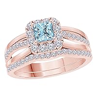 2.00 CT Princess Cut Created Aquamarine 14k Rose Gold Plated Alloy Split Shank Halo Style Wedding Band Engagement Bridal Ring Set Size 4-12