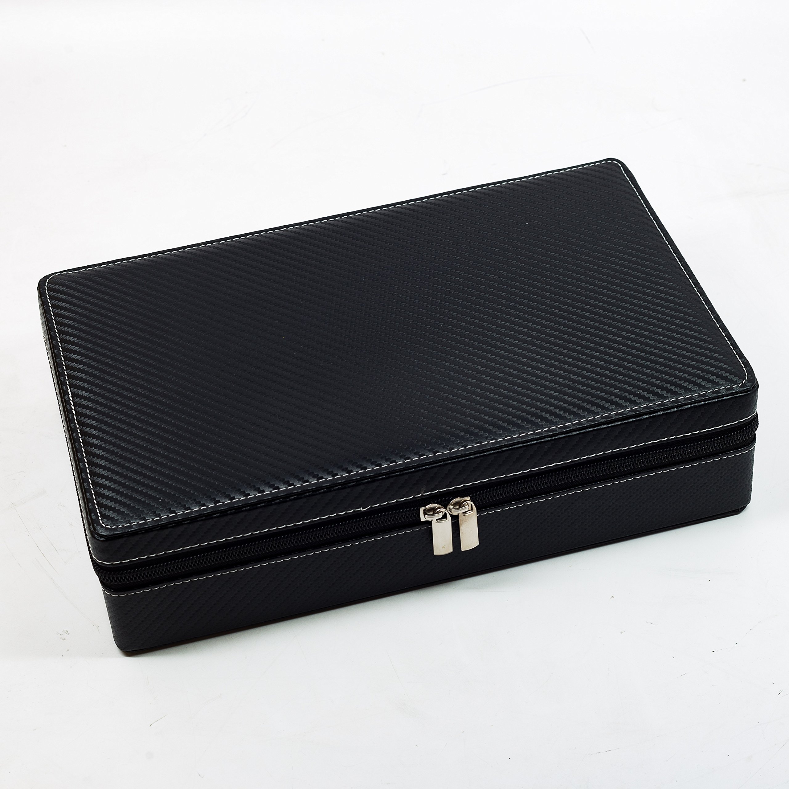 TimelyBuys 10 Watch Briefcase Black Carbon Fiber Zippered Travel Storage Case 50MM Father's Day