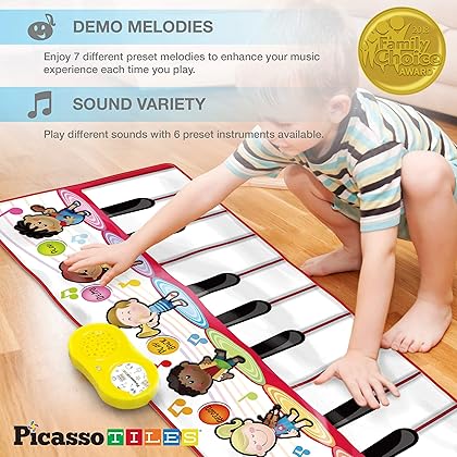 PicassoTiles PTM200 Portable Large Piano Keyboard Educational Musical Playmat w/ 17-Key, 6 Musical Instruments, 7 Demo Songs, Built-in Speaker, Record & Playback for Toddlers and Kids