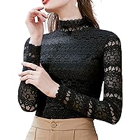 Women's Lace Tops Long Sleeve Elegant Embroidery Floral Stretchy Blouses Fashion Work Chiffon Shirts