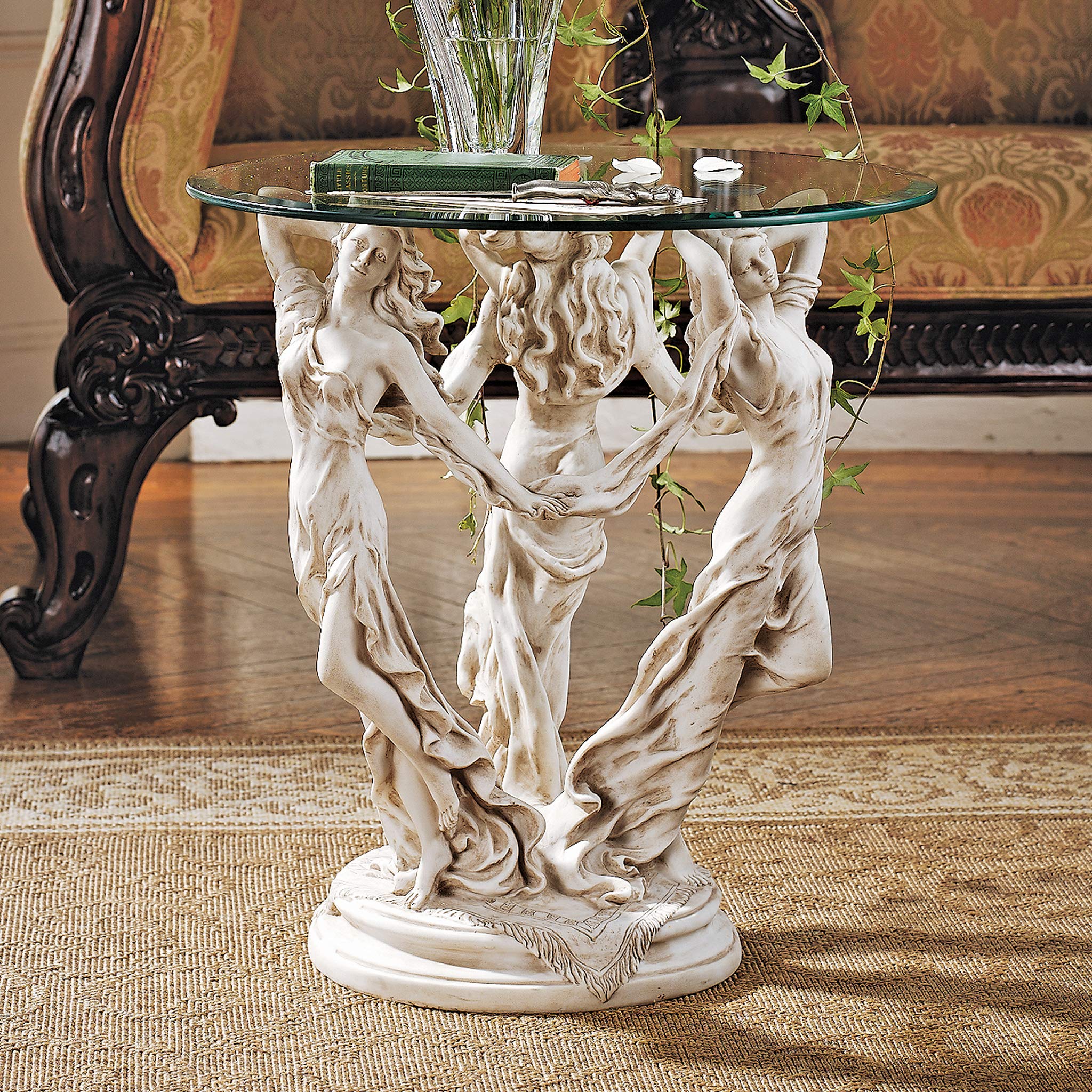 Design Toscano The Greek Muses Classic Glass-Topped Side Table, 18 Inches Wide, 18 Inches Deep, 20 Inches High, Handcast Polyresin, Antique Stone Finish