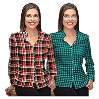 Pack of 2 Women Shirt Tops Buffalo Check Plaid Long/Roll Up Sleeve Casual Button Down Shirt Blouses