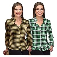 Pack of 2 Women Shirt Tops Buffalo Check Plaid Long/Roll Up Sleeve Casual Button Down Shirt Blouses