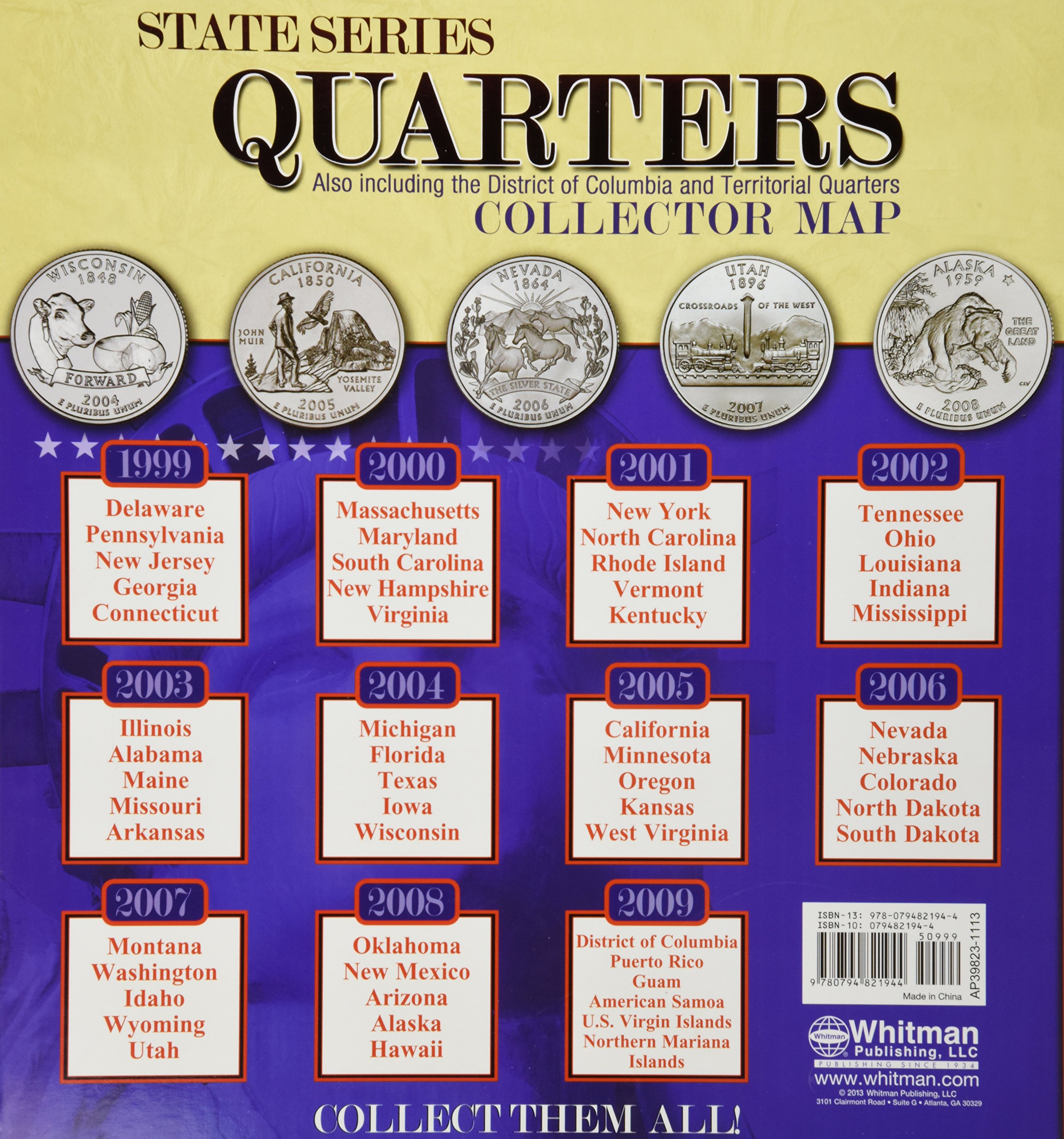 State Series Quarters Collector Map: Also Including the District of Columbia and Territorial Quarters