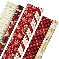 Hallmark Christmas Reversible Wrapping Paper, Classic Santa (Pack of 3, 120 sq. ft. ttl) Red and Gold Snowflakes, Stripes, Plaid, Santa's Sleigh