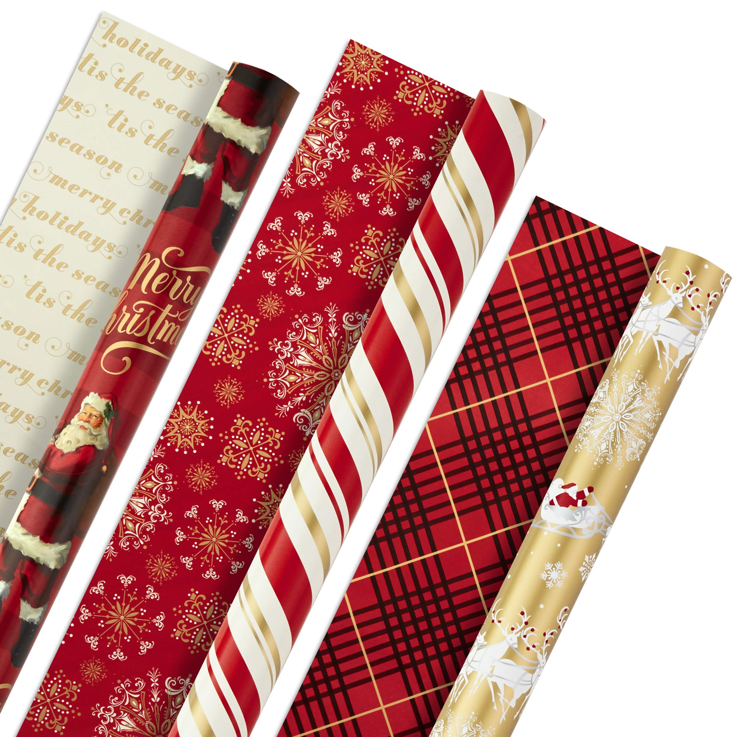 Hallmark Christmas Reversible Wrapping Paper, Classic Santa (Pack of 3, 120 sq. ft. ttl) Red and Gold Snowflakes, Stripes, Plaid, Santa's Sleigh (5JXW1029)