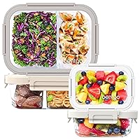 Glass Leak-Proof Meal Prep Set - 8-Piece Lunch & Snack 1 & 2-Compartment Glass Food Containers with Glass Lids - Reusable, BPA-Free, Microwave, Freezer, Oven & Dishwasher Safe (White Stone)