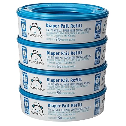 Amazon Brand - Mama Bear Diaper Pail Refills for Diaper Genie Pails, 1080 Count (4 Packs of 270 Count)