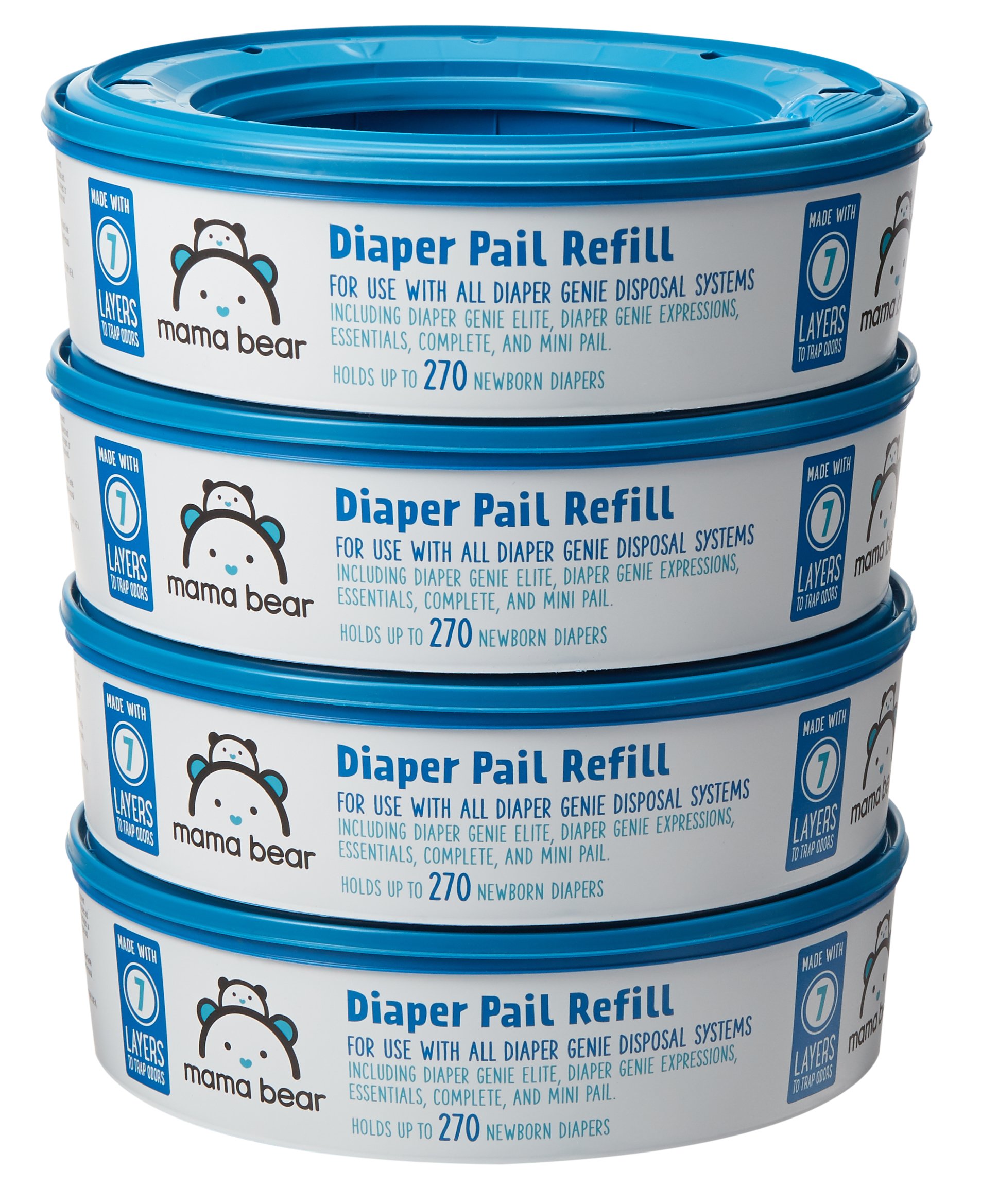 Amazon Brand - Mama Bear Diaper Pail Refills for Diaper Genie Pails, 1080 Count (4 Packs of 270 Count)