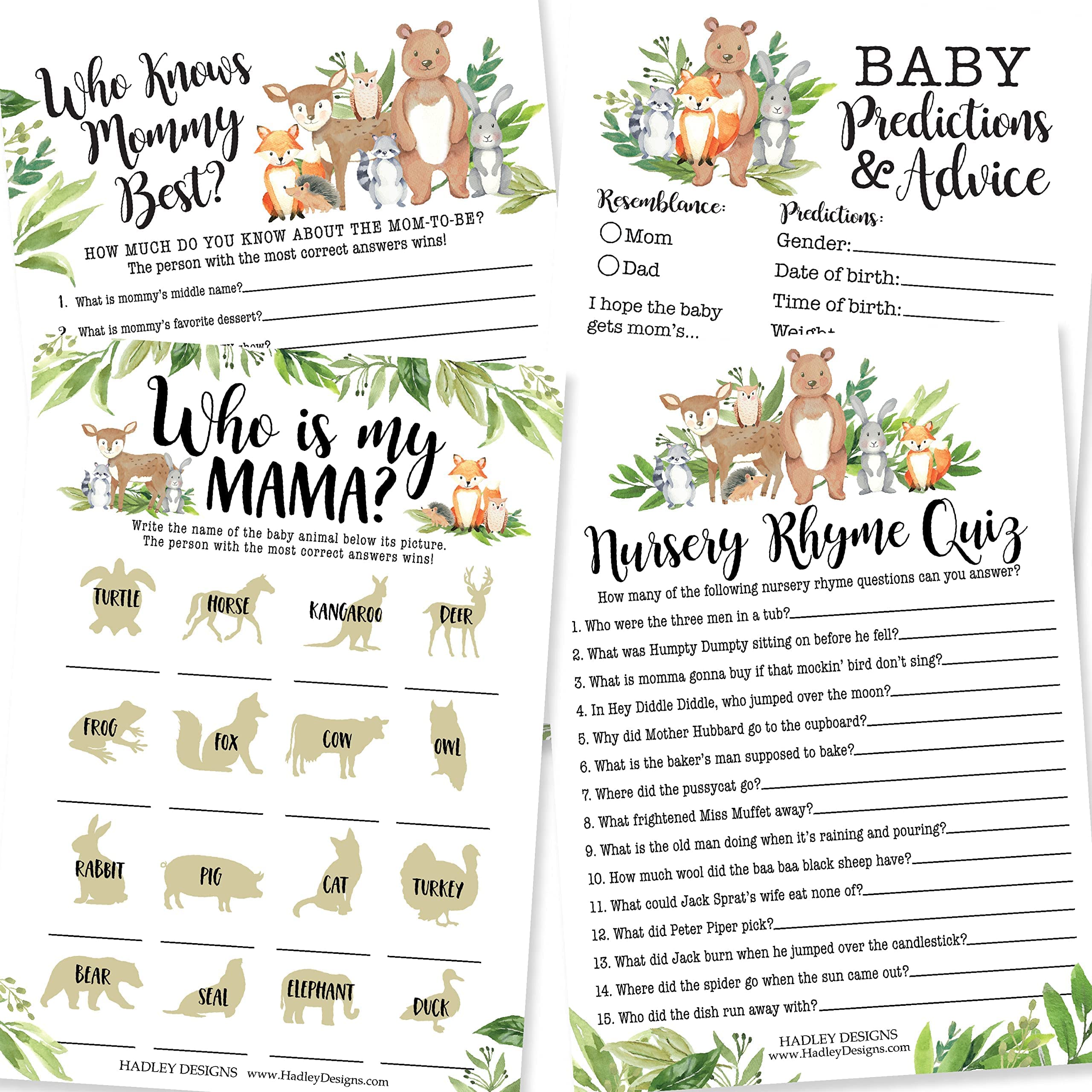 25 Woodland Animal Matching, 25 Nursery Rhyme Game, 25 Who Knows Mommy Best, 25 Baby Prediction And Advice Cards - 4 Double Sided Cards, Baby Shower Party Supplies