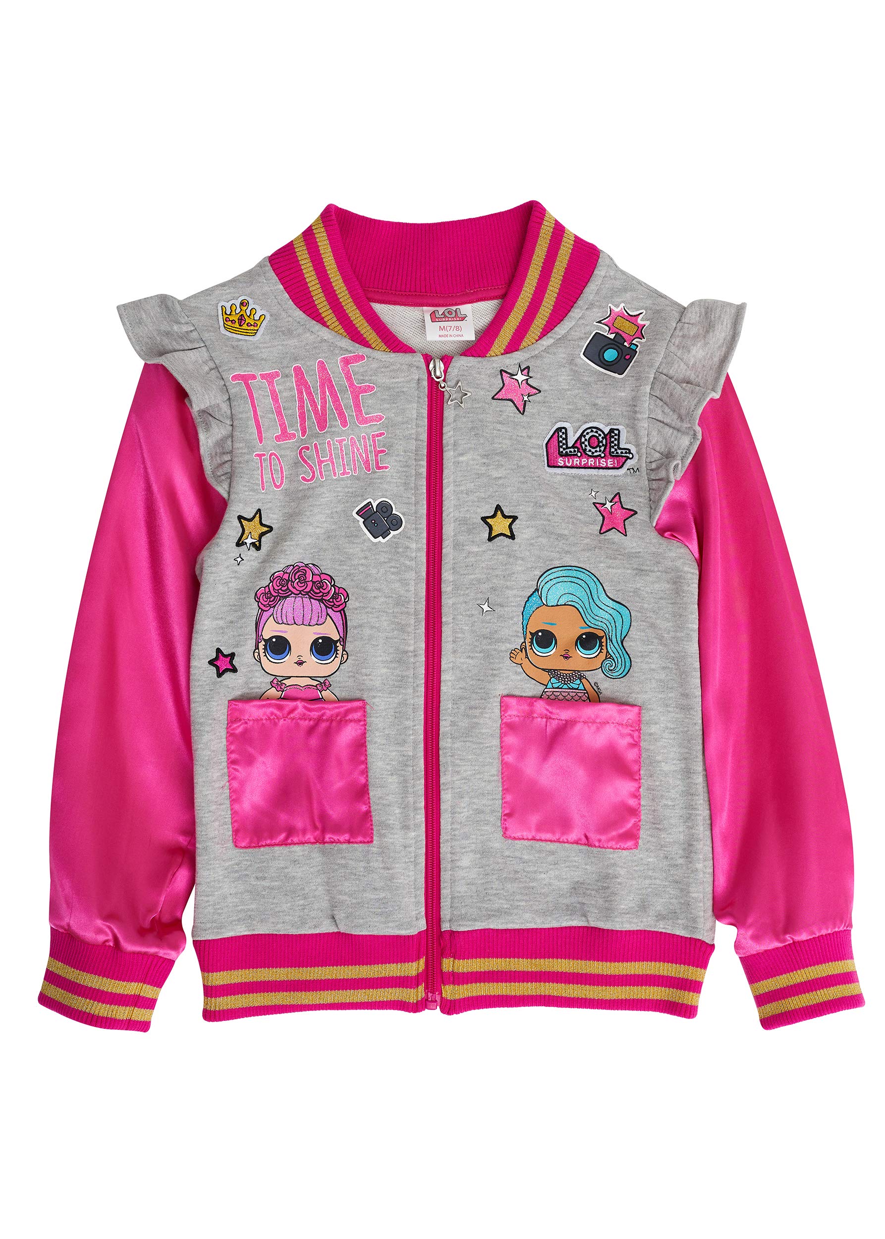 L.O.L. Surprise! Girls' Bomber Pink Sparkly Sleeve 'Time to Shine' Sequin Jacket