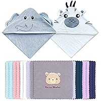 18-Piece Baby Bath Towel Rayon derived from Bamboo and Microfiber Washcloth Sets, Newborn Gifts for Infant, Toddler - Baby Bathtub Stuff - Elephant, Zebra