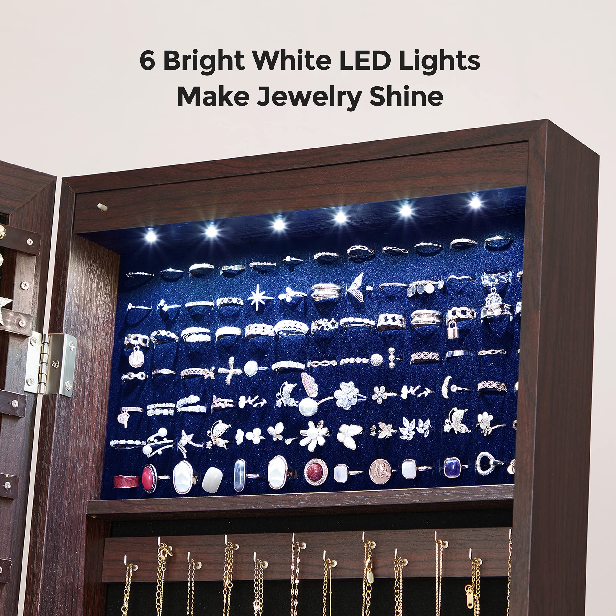 SONGMICS Mirror Jewelry Cabinet with 6 LED Lights, Lockable Standing Mirrored Armoire Organizer, 2 Drawers, Brown UJJC94K