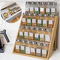 Wooden Spice Rack Organizer for Kitchen Drawer, Cabinet, and Countertop - Organic Bamboo- 3 Tier Shelf -Includes 48 Stickers & Anti-Slip Pads