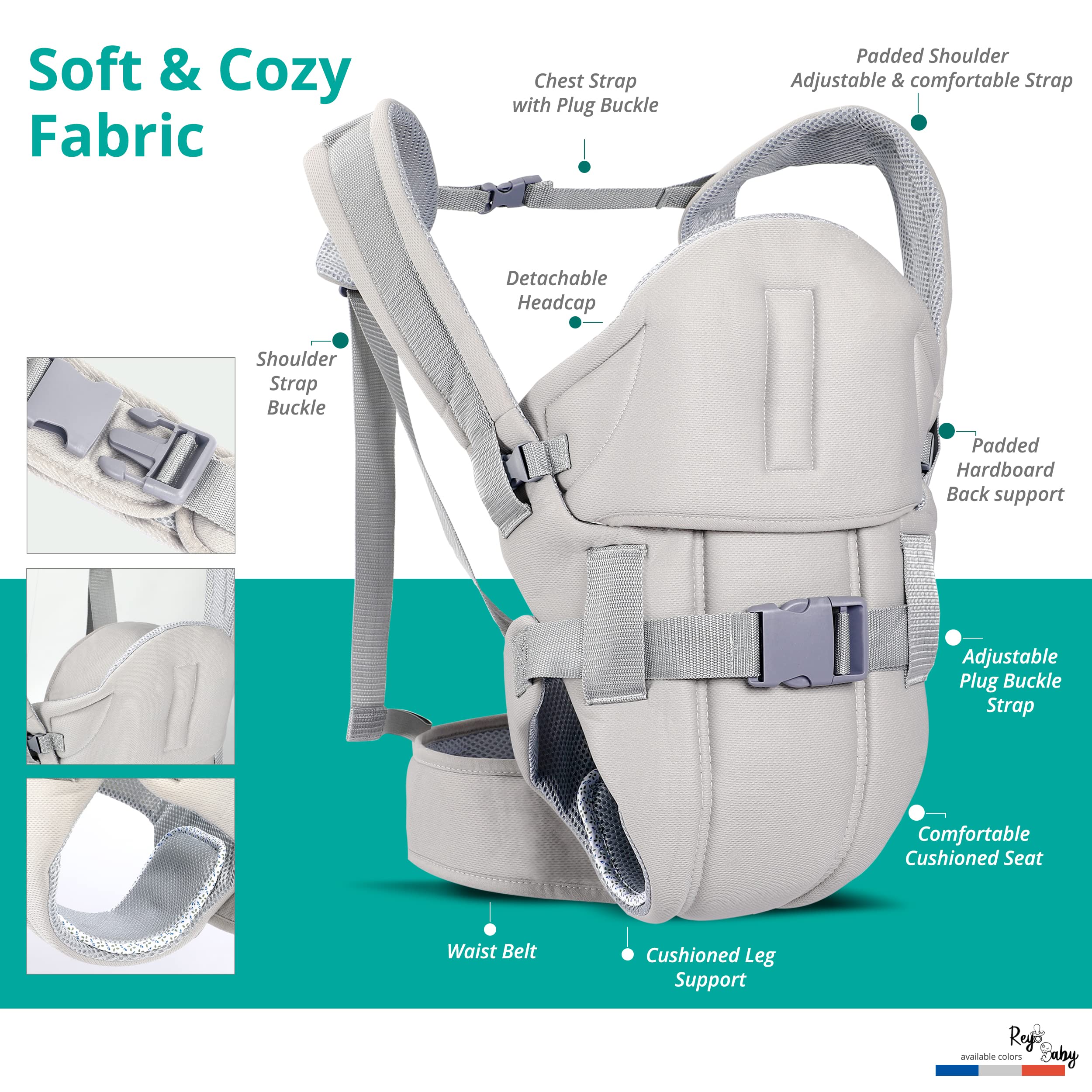 Reyobaby Baby Carrier Newborn to Toddler - Ergonomic & Adjustable Infant Carrier for Baby Wrap with Padded Head and Lumbar Support, Shoulder Straps & Cool Air Mesh Baby Holder (7-40 Lb), Grey