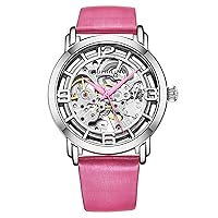 Stuhrling Original Watches for Women Automatic Watch - skeletonized Watch - Self Winding Movement Womens Dress Watches with Silver Face and Pink Leather Watch Strap Mechanical Wrist Watch for Woman