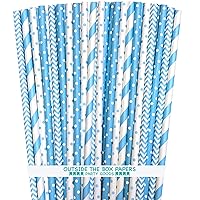 Outside the Box Papers Light Blue Stripe, Polka Dot Chevron Paper Straws 7.75 Inches 100 Pack Light Blue, White