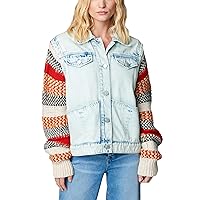 [BLANKNYC] Womens Luxury Clothing Colorblock Stripe Sweater Sleeve Denim Trucker Jacket, Comfortable & Stylish Coat