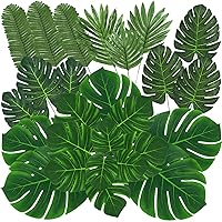 100 Pcs 9 Kinds Artificial Palm Leaves Tropical Fake Leaves, Monstera Leaf Gold Faux Leaves for Safari Jungle Hawaiian Dinosaur Luau Party Table Decoration (Color B)
