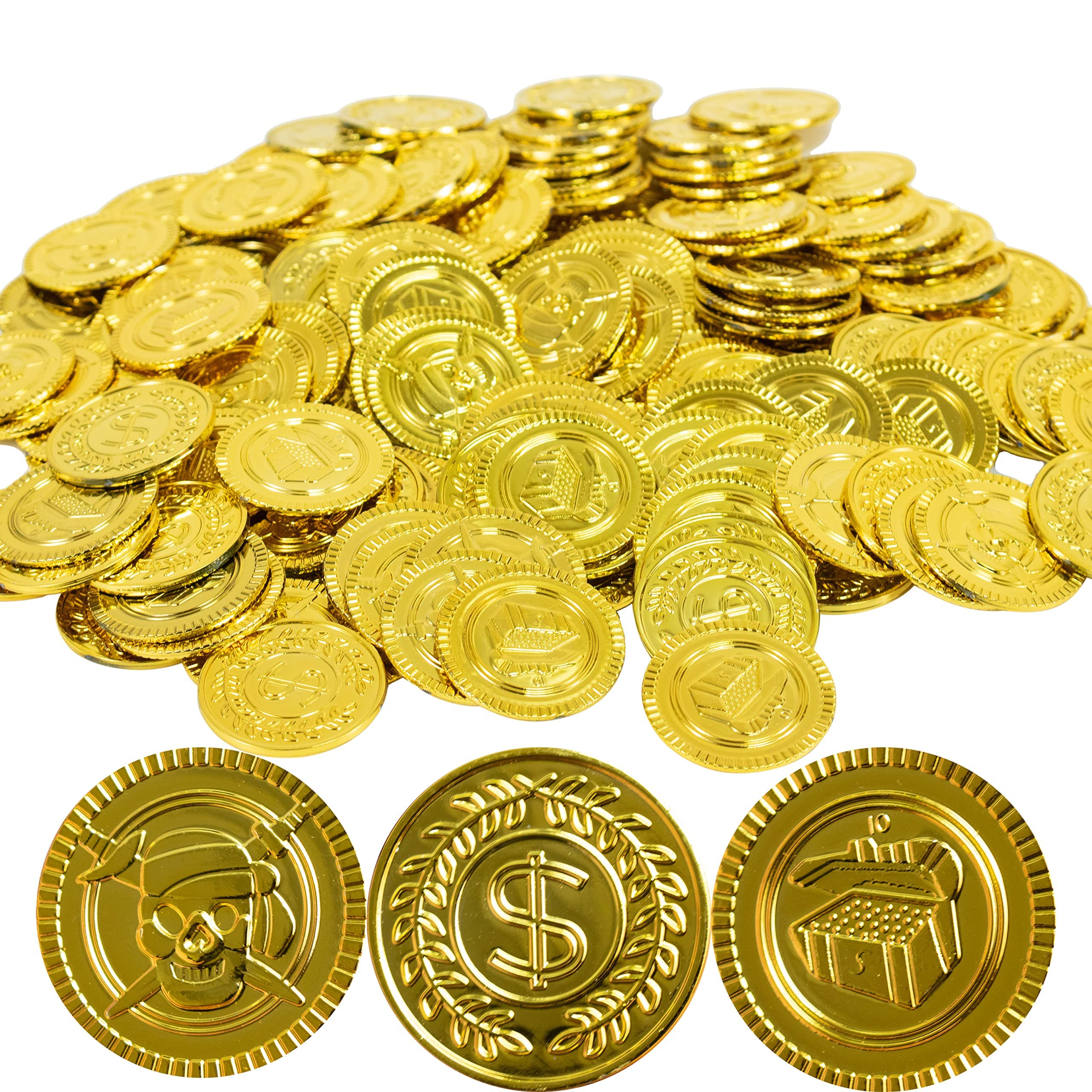GiftExpress 144PC Plastic Gold Coins Pirate Coins Kids Pretend Play Coins Treasure Coins for Pirate Party, Gold Coins for Treasure Hunt Game and Party Favors