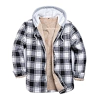 Men's Cotton Plaid Long Sleeve Shirts Jacket Fleece Lined Flannel Shirts Sherpa Button Down Coat with Hood