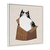 Kate and Laurel Sylvie Furuit Cake Framed Canvas Wall Art by Planet Cat, 22x22 White, Cute Adorable Cat in a Box Art for Wall Home Decor
