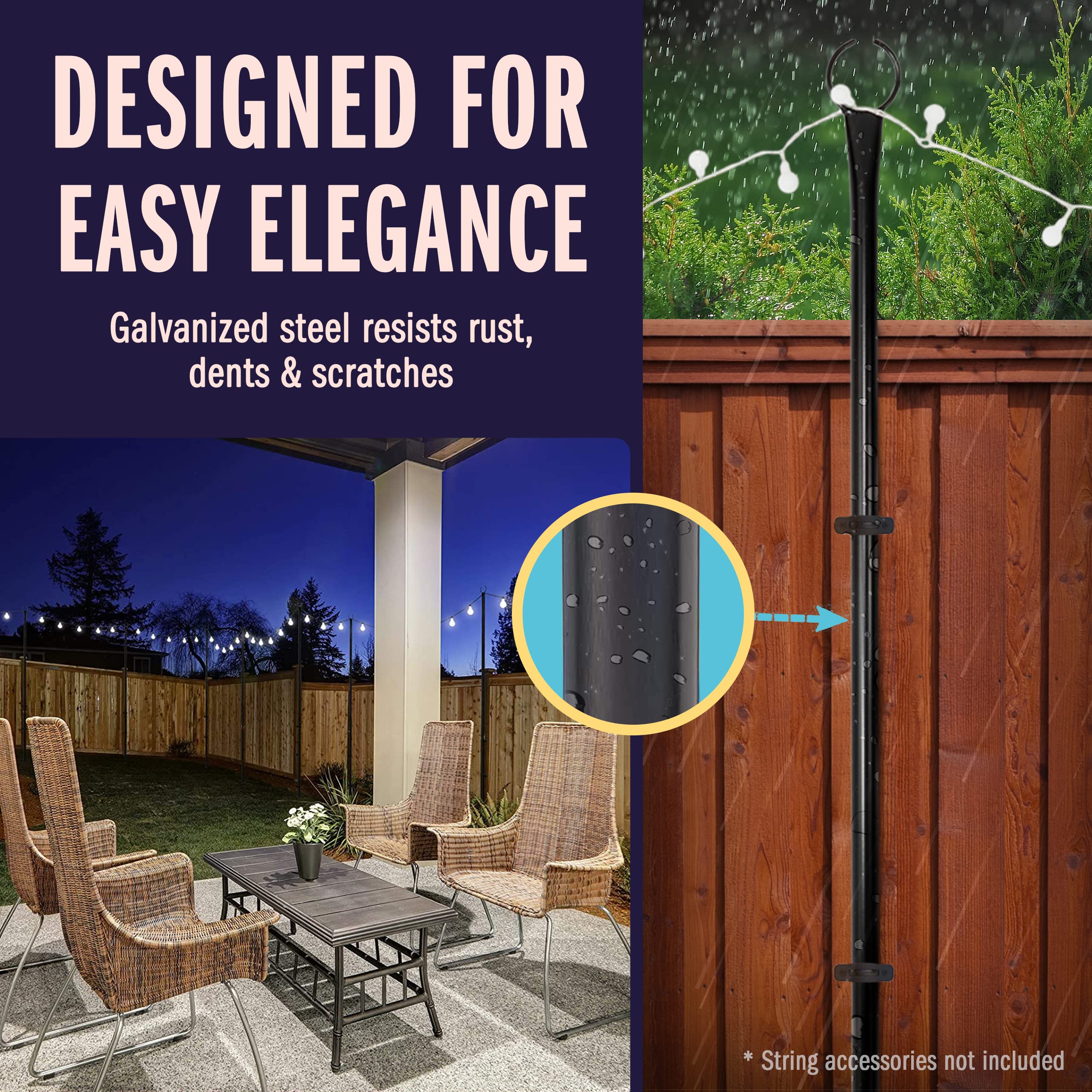Holiday Styling String Light Poles for Outdoor String Lights - Metal Light Pole w/Hooks for Outdoor String Lighting - Patio Light Accessories Ideal for Backyard, Weddings, and Parties