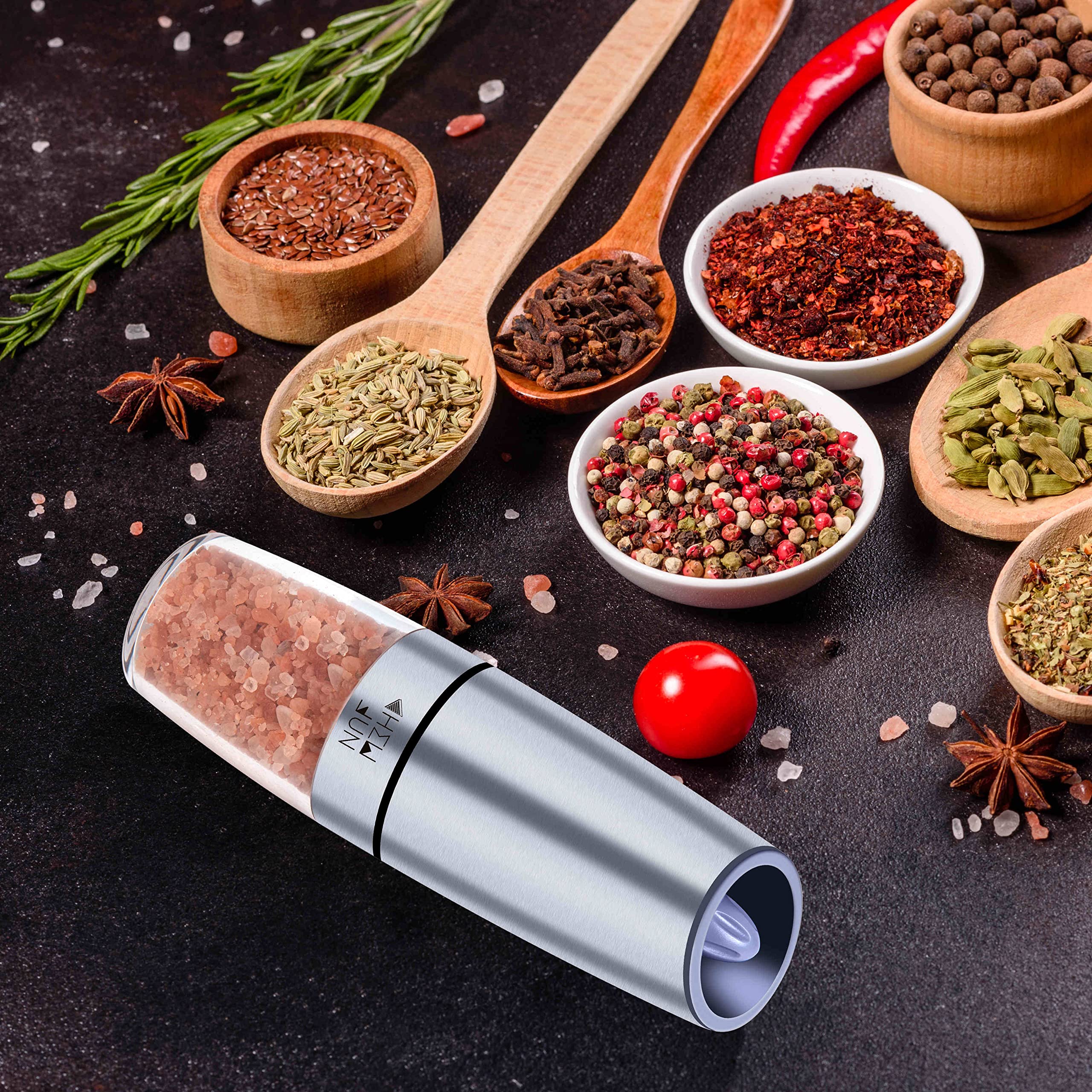 Gravity Salt and Pepper Mill Set with Adjustable Coarseness Automatic Pepper and Salt Grinder Battery Powered with Blue LED Light,One Hand Operated,Brushed Stainless Steel by CHEW FUN