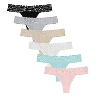 Free to Live 6 Pack Lace Cotton Thongs for Women Sexy Ladies Cheeky Underwear Low Rise Tanga Hipster Panties No Show Lingerie