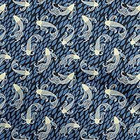 Cotton Cambric Medium Blue Fabric Asian Japanese Koi Fish Quilting Supplies Print Sewing Fabric by The Yard 42 Inch Wide