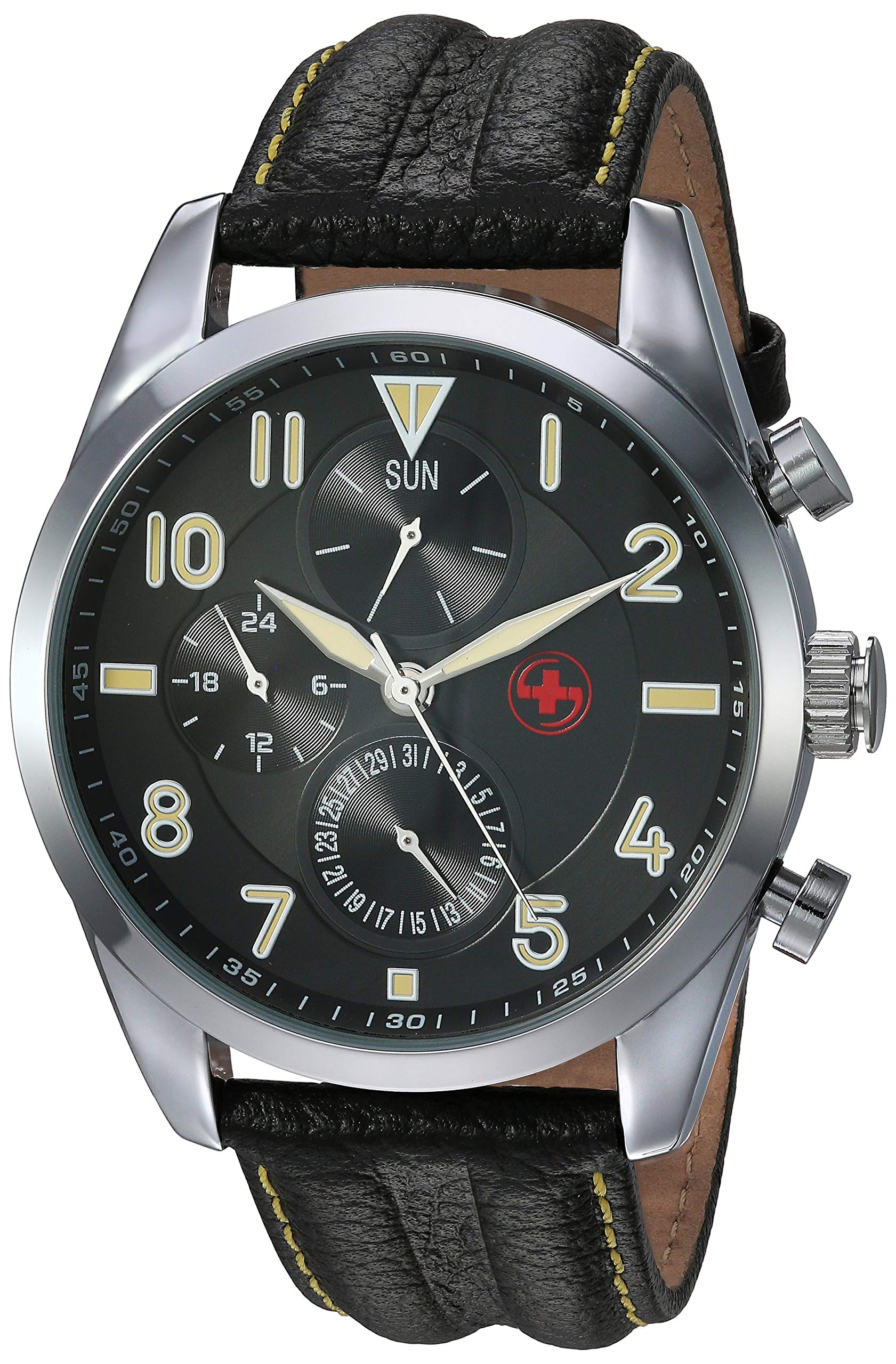 SWISSTEK Men's Red Stainless Steel Analog-Quartz Watch with Leather Strap, Black, 22 (Model: SKRD1801SPLB)