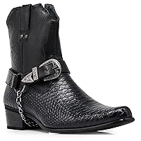 Men's Crocodile Prints Western Cowboy Boots with Side Zipper, Belt Buckle and Metal Chain