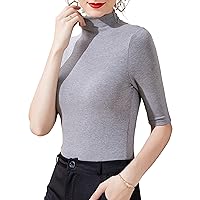 Casual Cashmere Tops for Women, Summer Solid Mock Neck Half Sleeve Patchwork Stretchy Blouses Elegant Formal Work Shirt