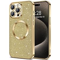 Hython for iPhone 15 Pro Max Case Glitter, Clear Magnetic Phone Cases with Camera Lens Protector [Compatible with MagSafe] Bling Sparkle Plating Soft TPU Slim Shockproof Protective Cover Women, Gold