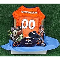 NFL Denver Broncos PET GIFT BOX with 2 Licensed DOG TOYS, 1 Logo-engraved NATURAL DOG TREAT, 1 NFL JERSEY, 1 NFL Puppy Training Bells & 1 Car Seatbelt